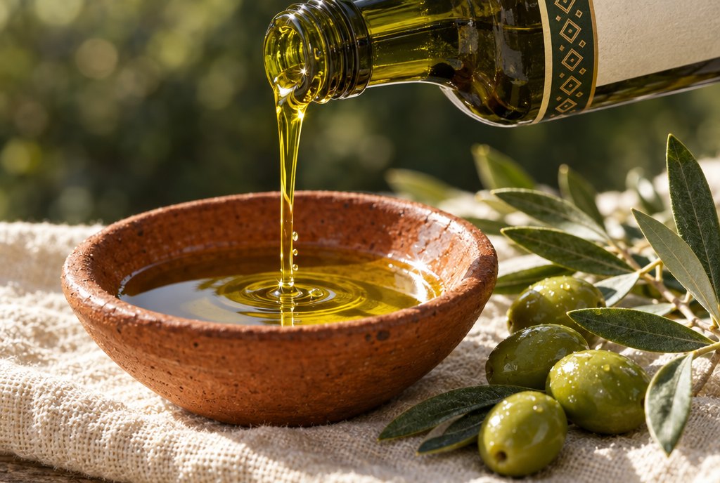 Goudgroene olijfolie wordt uit de fles in een terracotta schaaltje geschonken