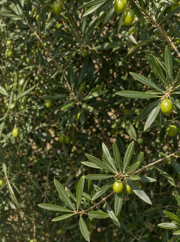 Tak met groene olijven aan een van onze bomen